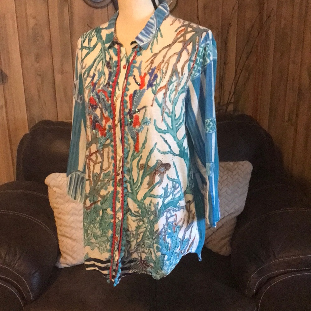 Antica Sartoria Giacomo Cinque Blue White Stripe Pink Floral Beaded Tropical - Picture 3 of 8